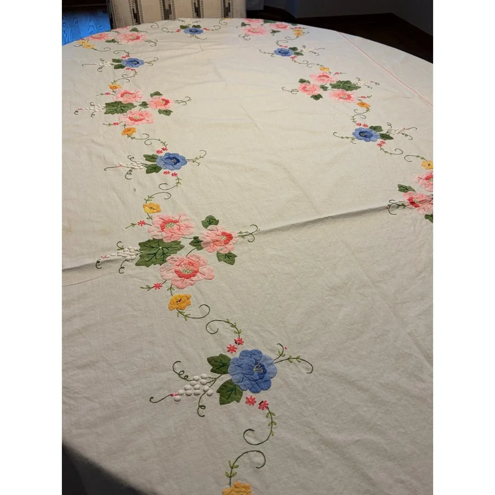 Vintage Embroidered Floral Tablecloth Rectangular 64x110 White Pink 10 Napkins*